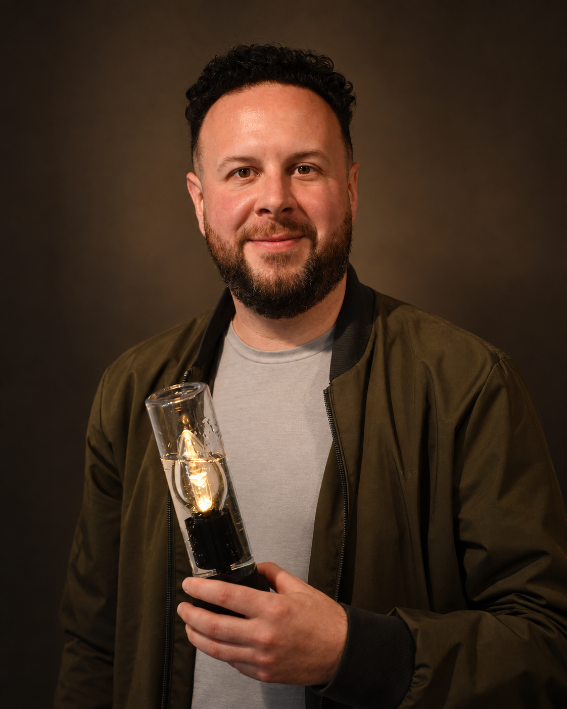 Anthony Di Domenico holding a Wet Light Systems light, wearing a dark jacket.