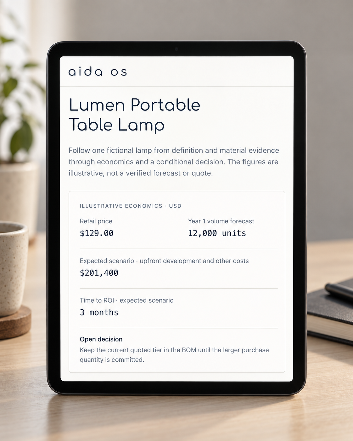 Aida OS illustrative Lumen lamp economics summary, including cost, volume and time-to-ROI assumptions.