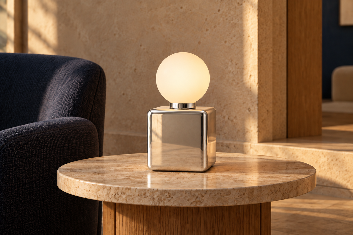 Cubit portable light in polished stainless, an original Call Me Anthony design.
